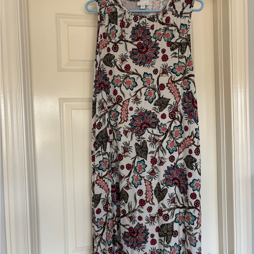 J. Jill White Midi Dress with Pink & Teal Floral Print
